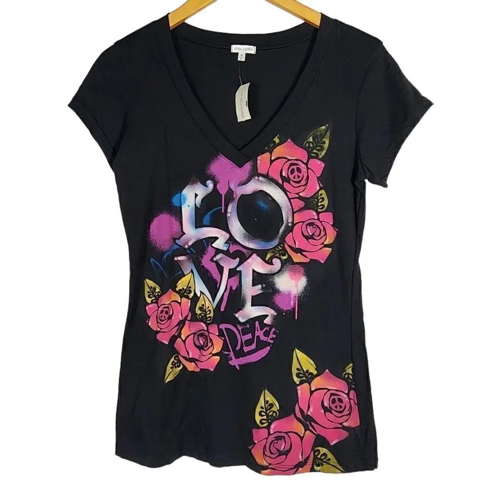 Maurice's Black Graffiti Print Love  Crew Neck Short Sleeve Casual T-Shirt